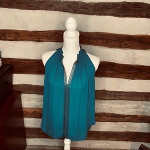 Elie Tahari Teal Split Neck halter style Bessie Sleeveless Blouse, Medium